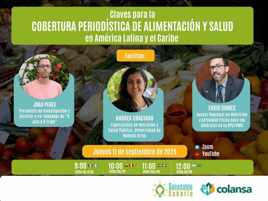 Invitación para el Taller de Formación para Periodistas: "Claves para la Cobertura Periodística de alimentación y salud en América Latina y el Caribe" 📅 Fecha: Jueves, 11 de septiembre de 2025 ⏰ Hora local: • 9:00 a.m. MX / GTM • 10:00 a.m. COL / PE • 11:00 a.m. BOL / RD • 12:00 p.m. AR / BR