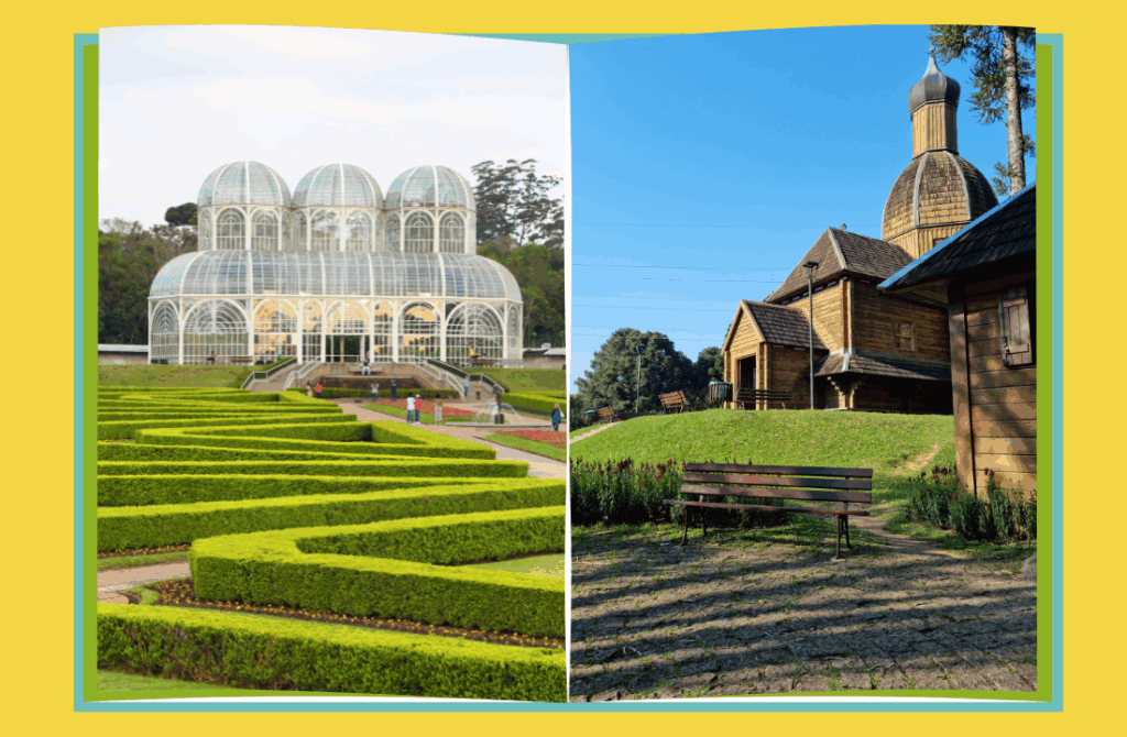 La imagen muestra dos de los lugares más emblemáticos de Curitiba, Brasil: el Jardín Botánico de Curitiba y el Memorial Ucraniano. 